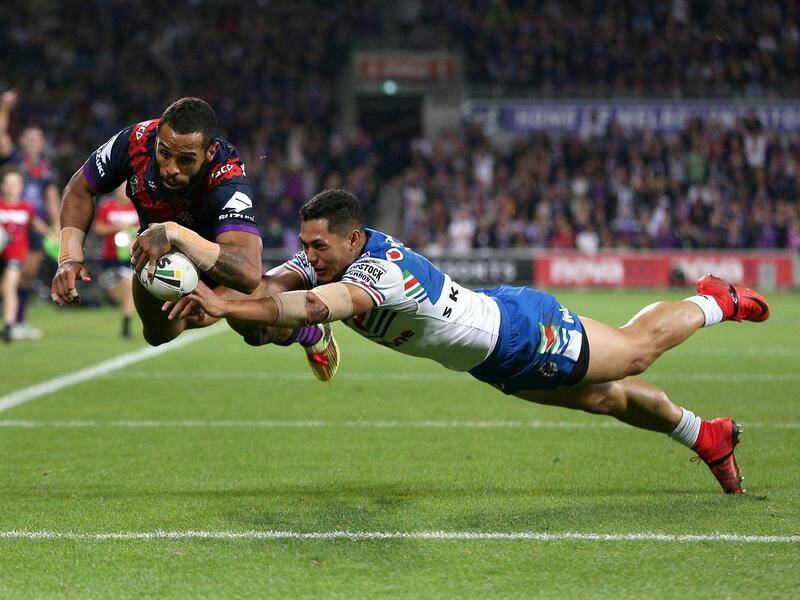 Josh Addo-Carr has scored two tries in Melbourne's 50-10 Anzac Day NRL thumping of the Warriors.