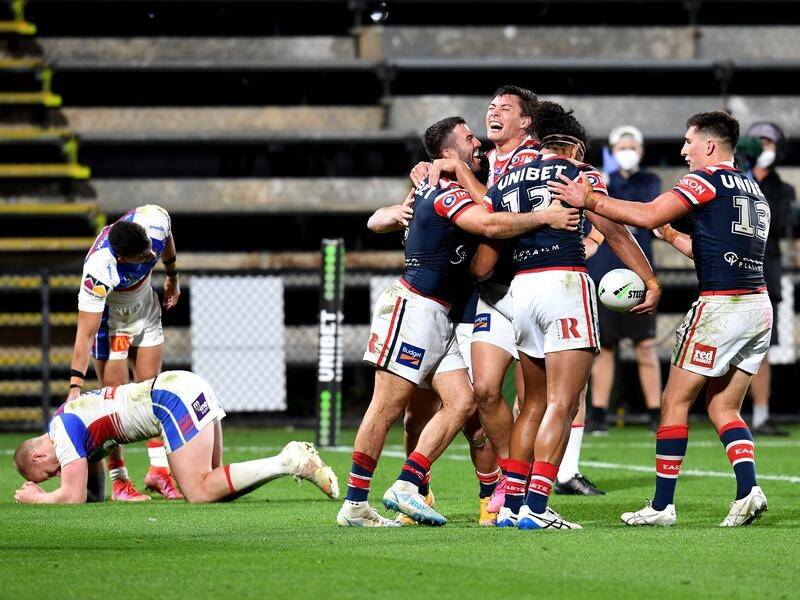 Roosters players celebrate a try during their NRL win over Newcastle.