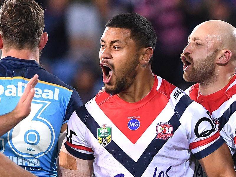 Poasa Faamausili is one of three NRL debutants to score for the Sydney Roosters against the Titans.