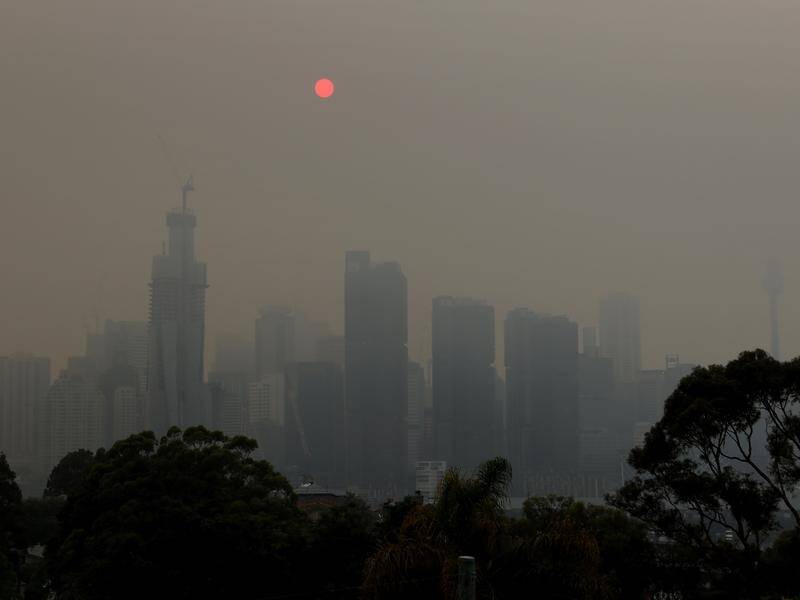 Smoke haze across Sydney combined with thunderclouds plunged the city into early darkness.