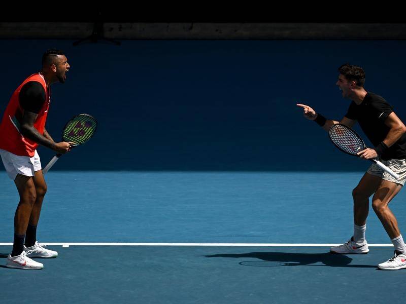 Nick Kyrgios (left) and Thanasi Kokkinakis have moved into the Australian Open doubles final.
