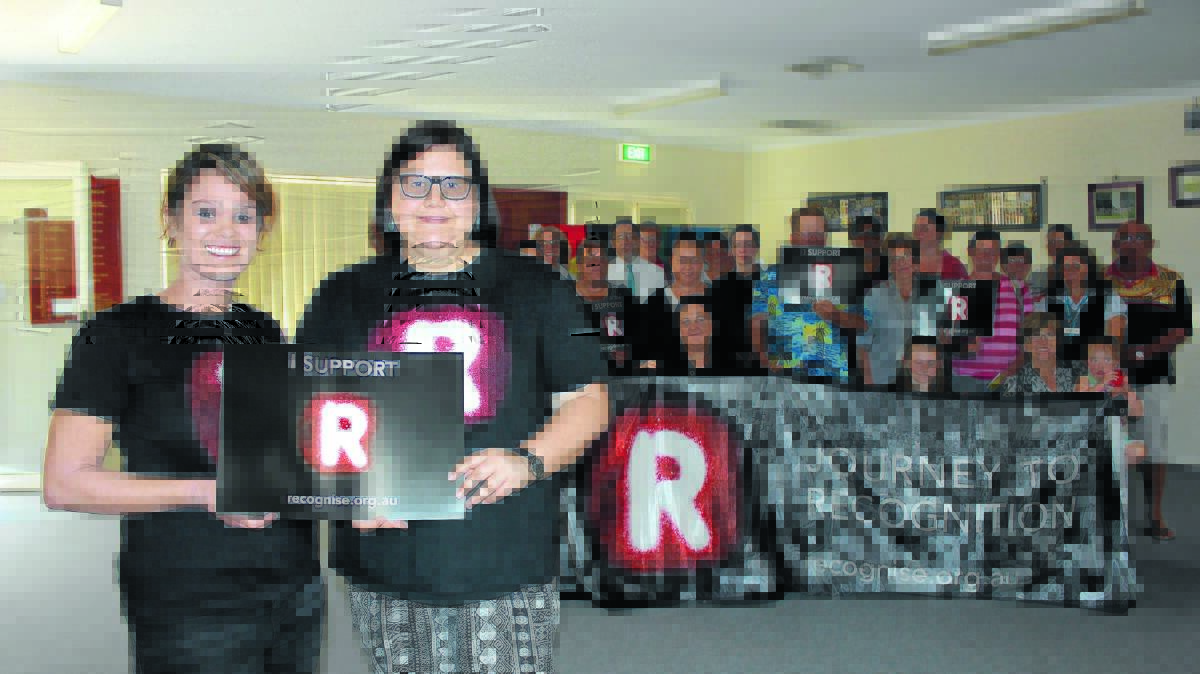 RECOGNISE campaigner Nara Talbot and Cassandra Goodwin with Mudgee people who attended the discussion surrounding a constitutional change.