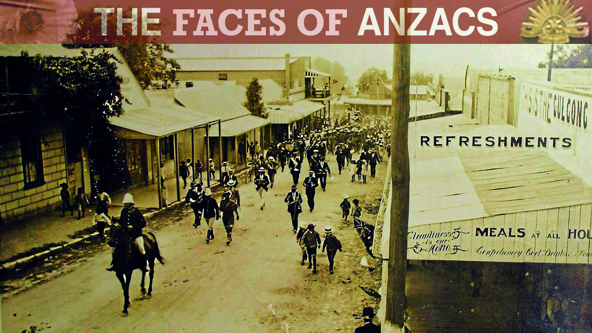 Gulgong men leaving for service in World War were farewelled at a town meeting and escorted by  police and townspeople to the Railway Station. This photograph, taken some time before May 1917, shows William Bleechmore, the local police officer leading the procession along Mayne Street to the Railway Station. His son, Rowley Bleechmore, can be seen playing the drum.