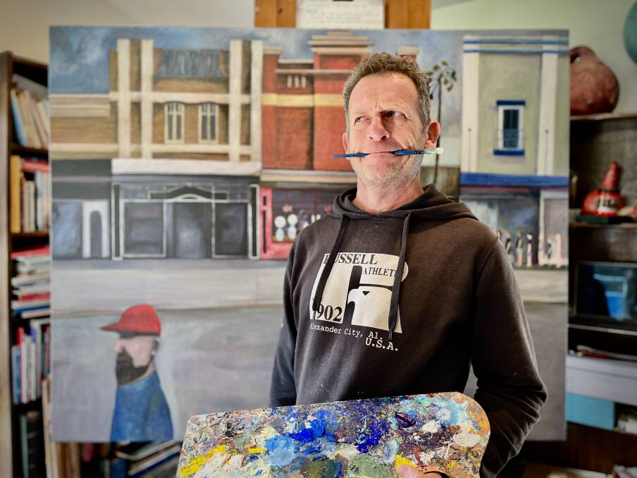 FINAL STRETCH: Michael Burke at his home studio, adding the finishing touches to a piece which will on display as part of A Brief History of Mudgee. Photo: Benjamin Palmer