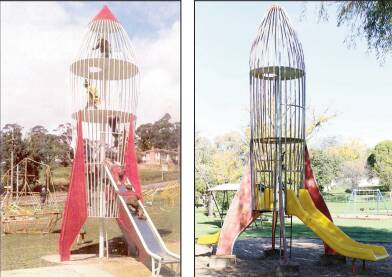 Blackheaths rocket (left) built by engineer Dick West, likely inspiration for Mudgees rocket (right) in Lions Park.