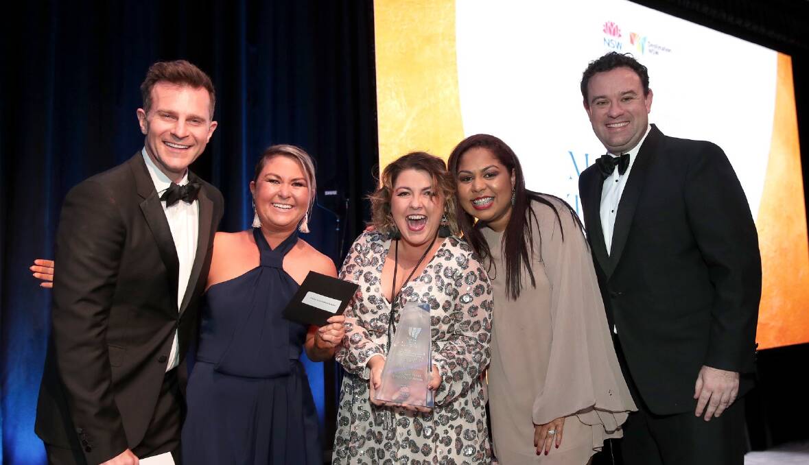 David Campbell, Leianne Murphy, Cara George, Marliza Hungerford and Minister for Tourism Stuart Ayres at the 2019 NSW Tourism Awards.