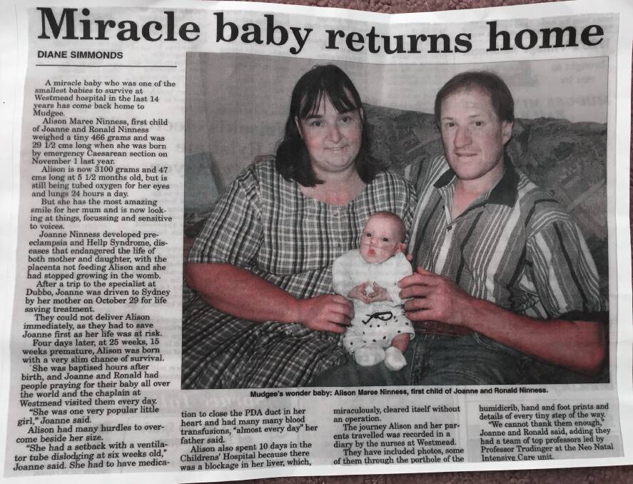 A Mudgee Guardian story in 2002 about Alison's 'miracle' birth.