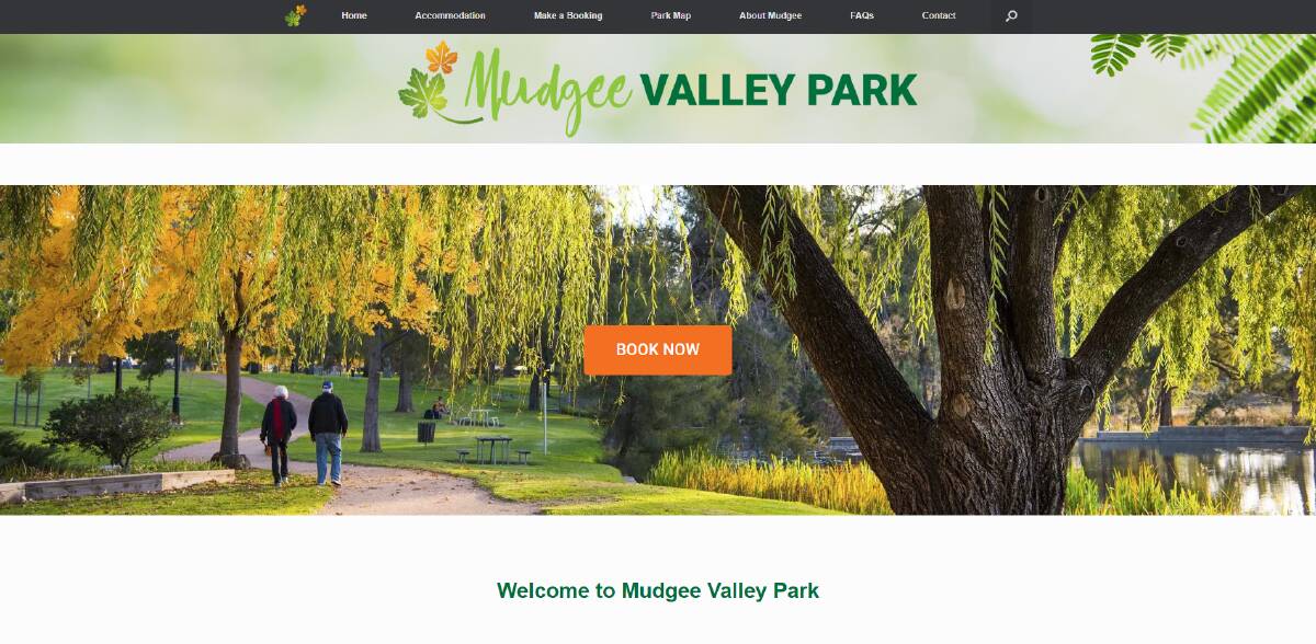 A screenshot of the Mudgee Valley Park homepage.