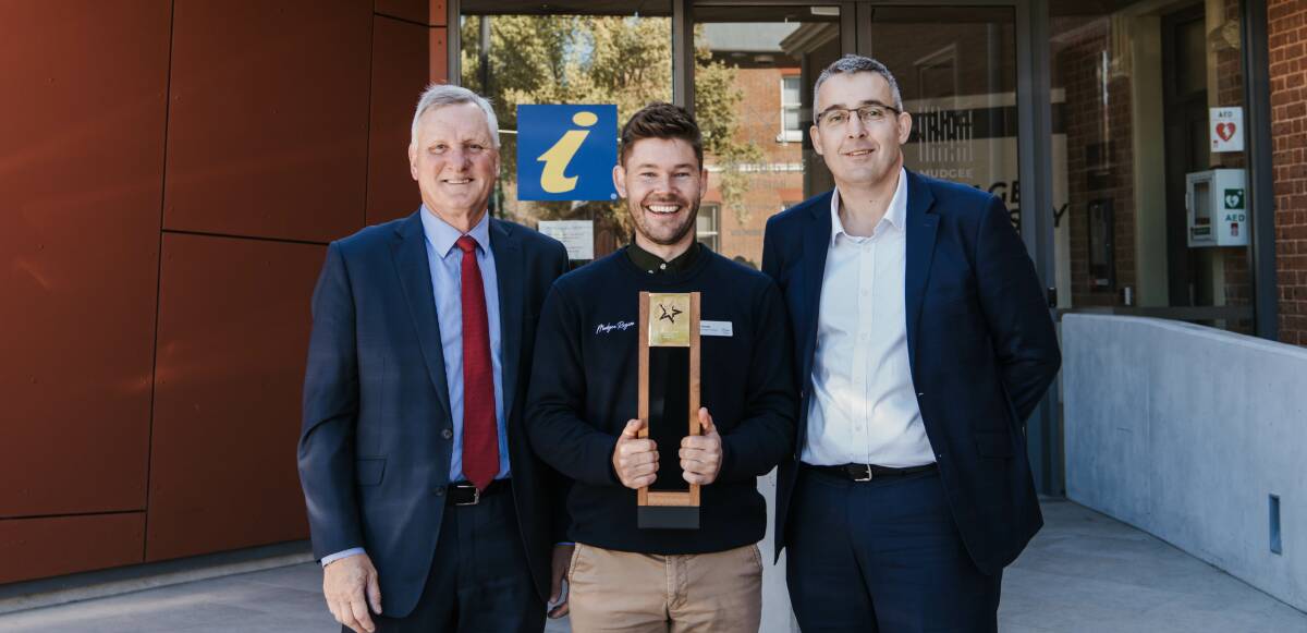 Council GM, Brad Cam with MRT CEO Tim Booth and Chair of Australian Tourism Awards, Shaun de Bruyn in Mudgee. Photo: Amber Hooper