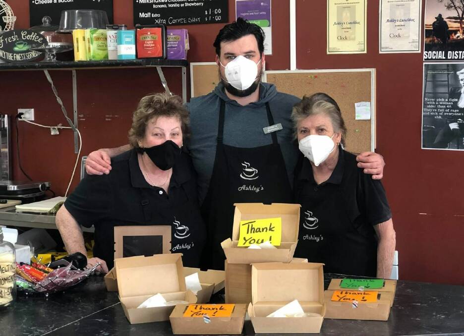 Pam, Myles and Gail Ashley from Ashley's Lunchbox with some of the food they delivered on Thursday. Photo: Suppled/Myles Ashley