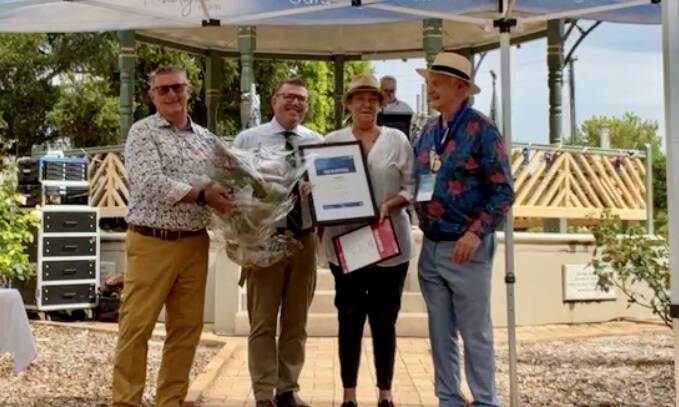 Mayor Des Kennedy, Dubbo MP Dugald Saunders, 2024 Citizen of the Year Donna Collins and Mudgee Australia Day Ambassador, Ron McCallum AO at Robertson Park on Friday.