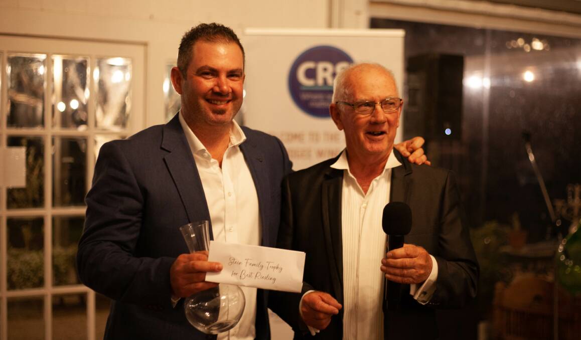 Drew and Jacob Stein with the Stein Family Trophy for Best Riesling. Photo: Supplied