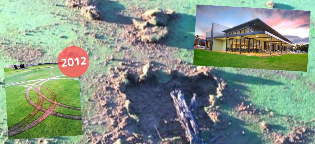 Damage to the fifth green at the Mudgee Golf Course and a similar incident on the same hole in 2012.