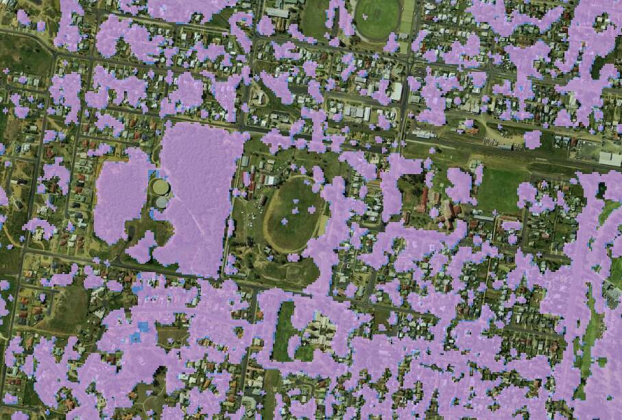 Map showing Mudgee Showground and surrounds. The pink shaded areas are koala protected habitat. Source: environment.nsw.gov.au