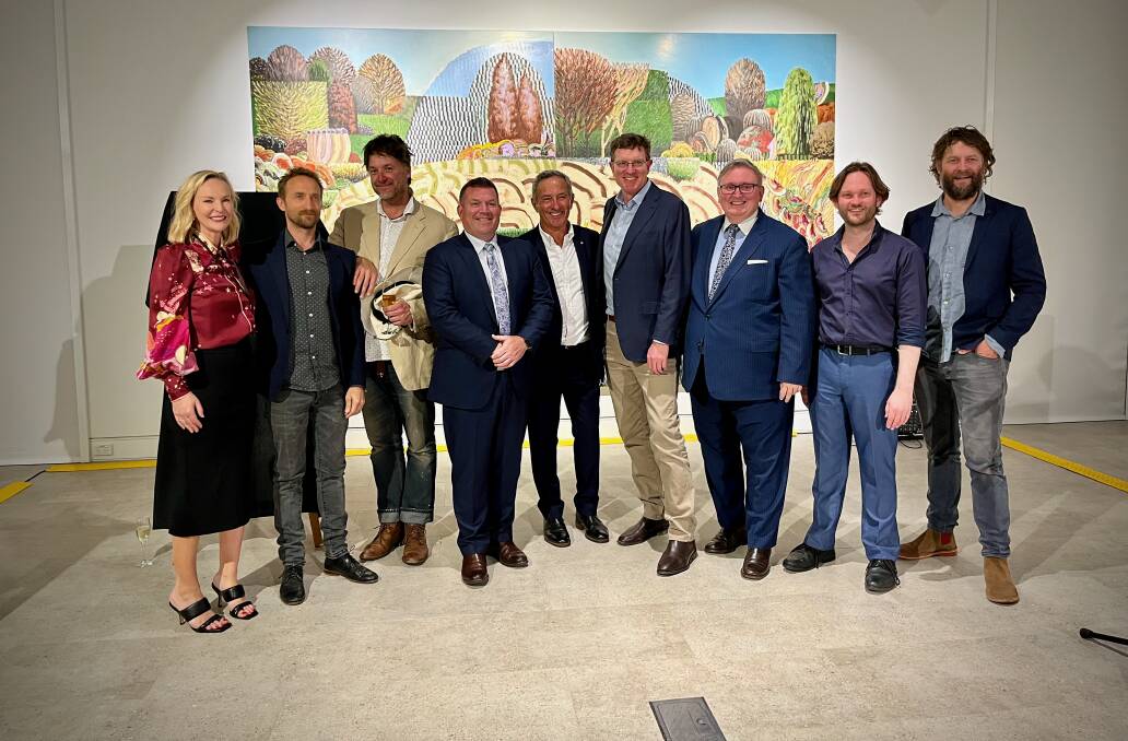 Gallery curator Lizzy Galloway, artist Guido Maestri, artist Luke Scibberas, Member for Dubbo Dugald Saunders, Ken Sutcliffe, Federal Member for Calare Andrew Gee, NSW Minister for the Arts, Don Harwin, Sam Paine and Ben Quilty.