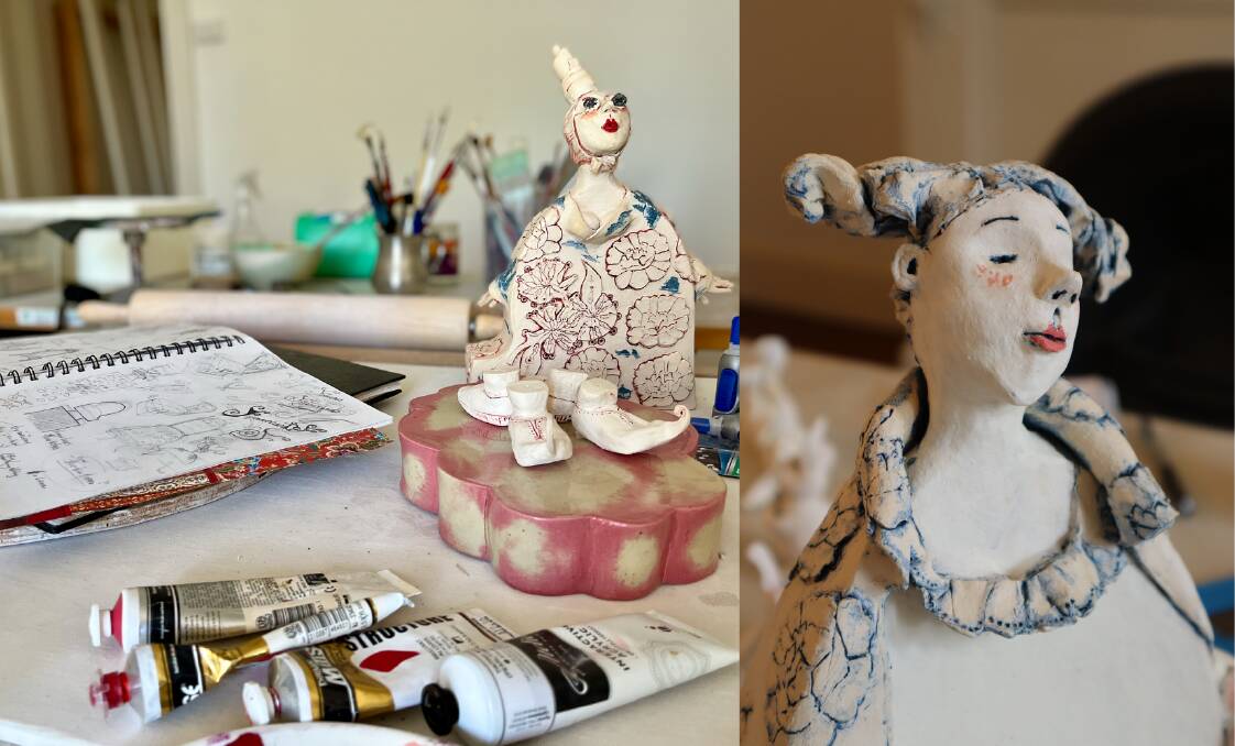THE PIANO PRINCESS: Left: Pamela's workshop in Mudgee with a rejected sculpture mid-painting and right: one of the completed pieces now on display.