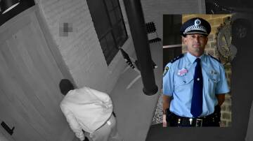 A screen capture showing a man attempting to open the front door to a home in Mudgee. Supplied (we have obscured the address). Inset: Orana Mid-Western Police Inspector Mark Fehon. 