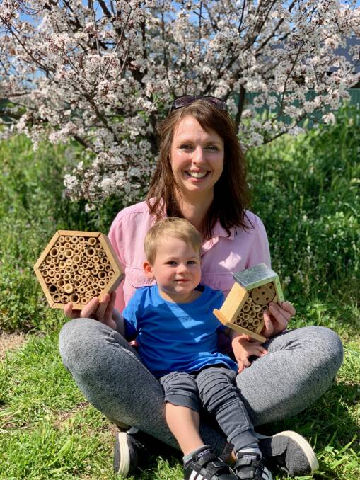 Jackie Trott and her son Fallon show off some of the bee hotels available in Mudgee.