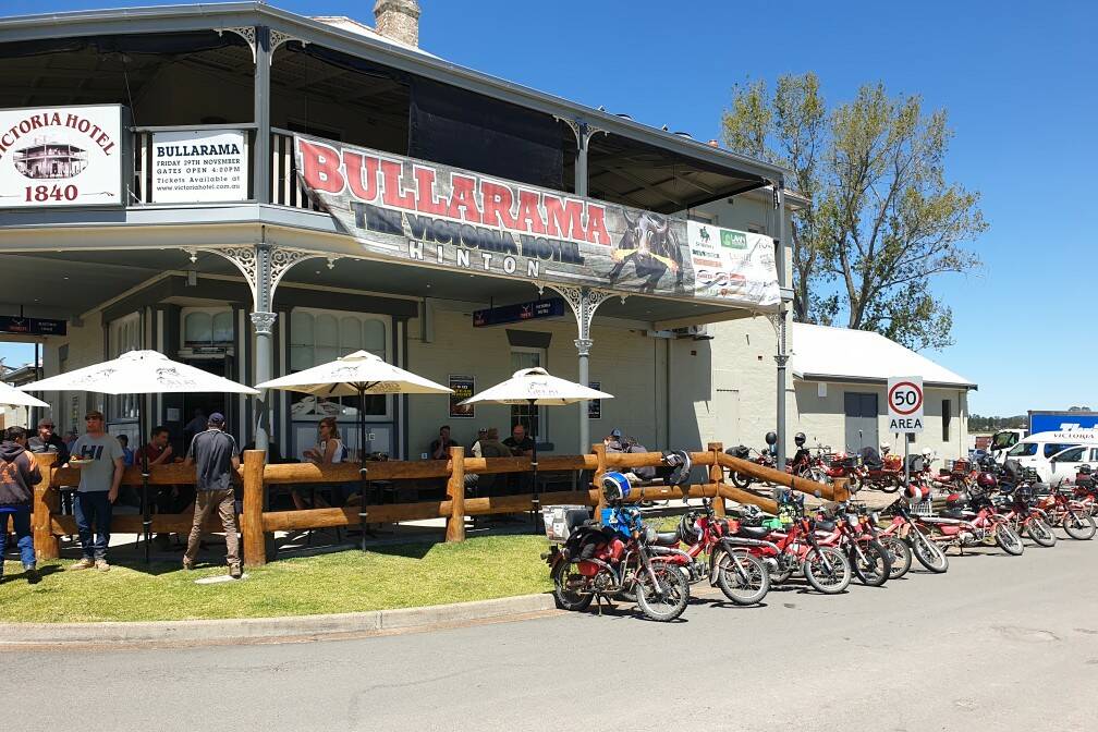 The group parked outside a pub in Hinton, NSW.
Photo by Lucy Ross