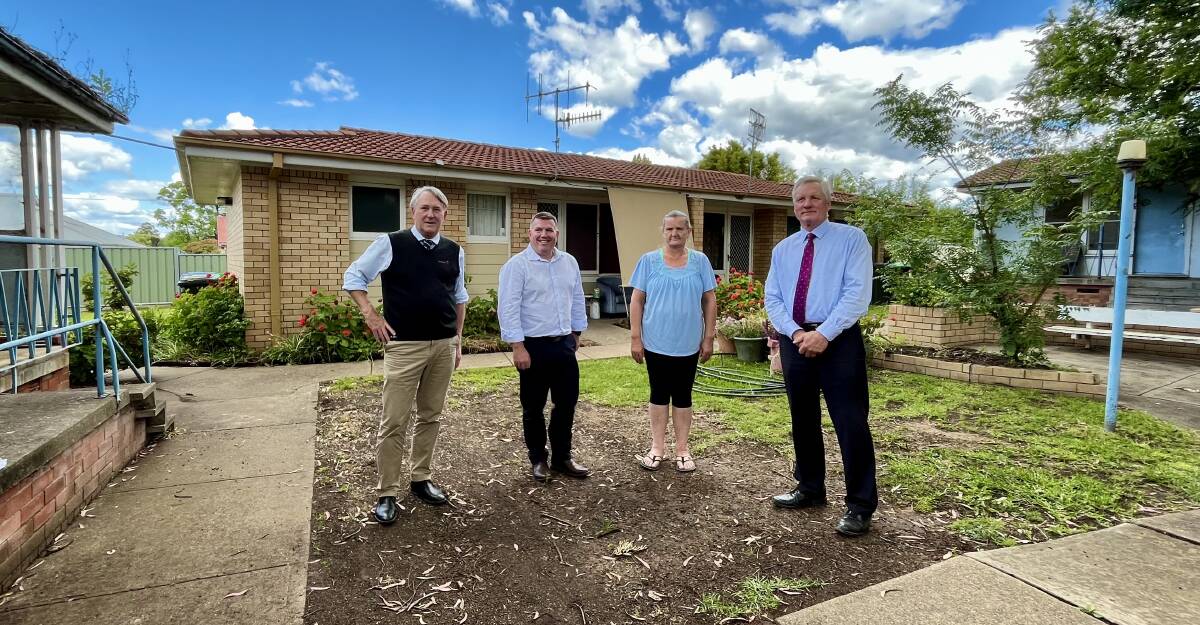 Housing Plus Chief Executive David Fisher, Dubbo MP Dugald Saunders, tenant Lynette Pumpa and Housing Plus Chair of the Board Brad Cam at the Winbourne Street site that will be the location of eight new two-bedroom homes. Photo: Benjamin Palmer
