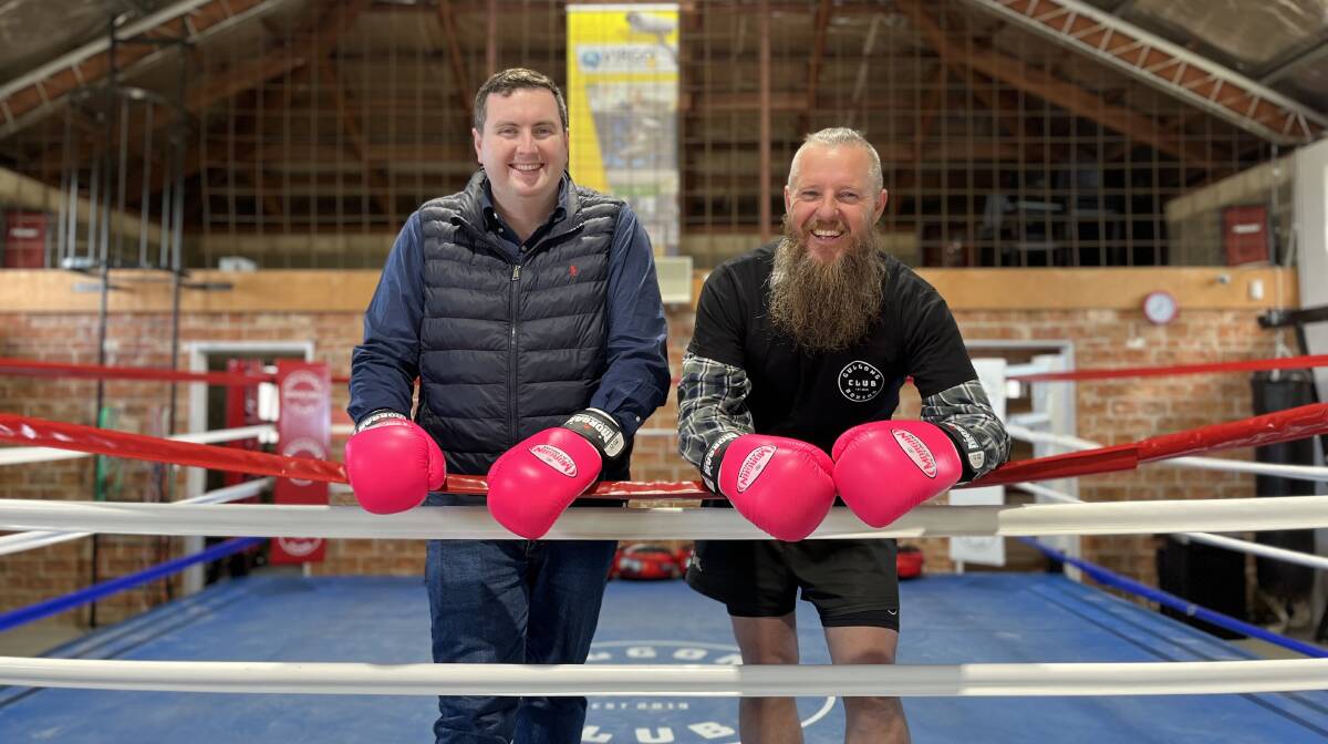 Bill Egan and Mick Cummins inside the ring at the Gulgong Boxing Gym. Photo: Benjamin Palmer