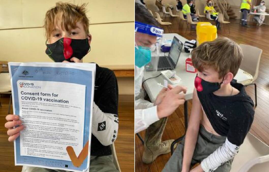 ROLL UP: Cory Mackay was the first kid to get a COVID-19 dose at the Gulgong pop-up vaccination clinic. Photo: Jennifer Brown
