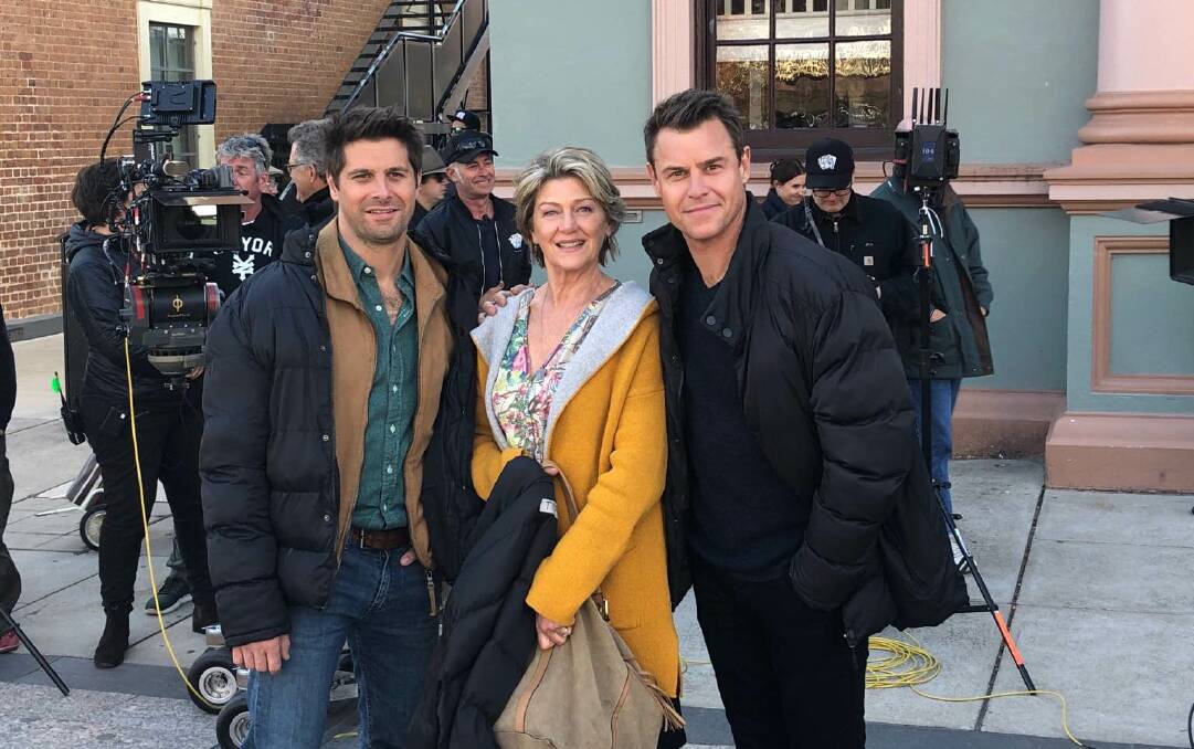 Actors Ryan Johnson, Tina Bursill and Rodger Corser on set in Mudgee in 2018.