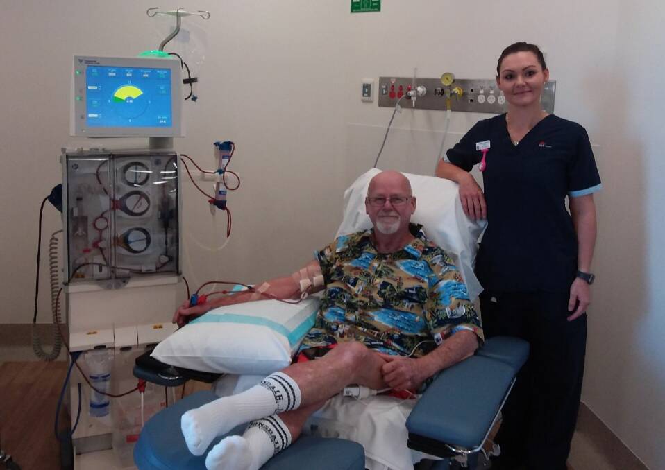 HAPPY: Ward Kane pictured here with nurse Sharleen Staples was the first patient to use the renal dialysis facilities at the new Mudgee Hospital. Photo: Supplied