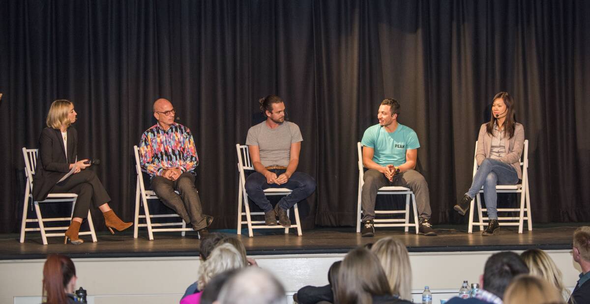 MC and award-winning journalist Alison Rice leads a panel discussion with speakers Omar Khalifa (CEO iAccelerate), Troy Douglas (co-founder Nexba), Raph Freedman (co-founder Peak Chocolate) and Diamond Hawkins (founder of Panorama Prebuilt). Photo: Submitted