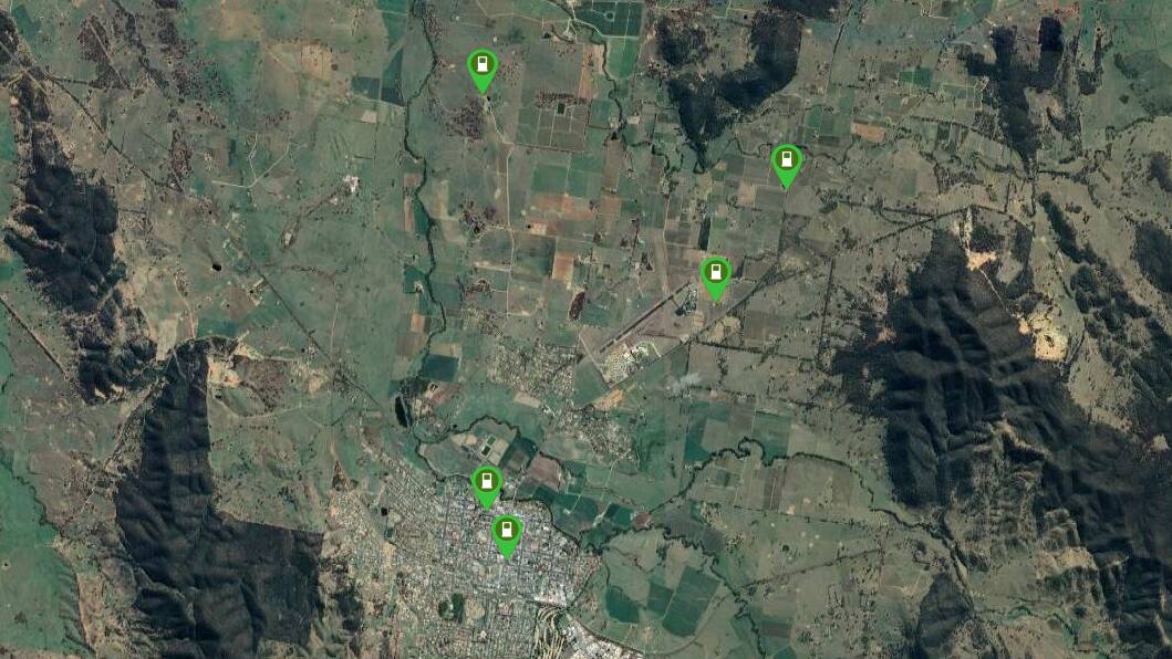 A screenshot from the EV charging tool Plugshare showing the approximate locations of chargers in Mudgee (Club Mudgee site not included).