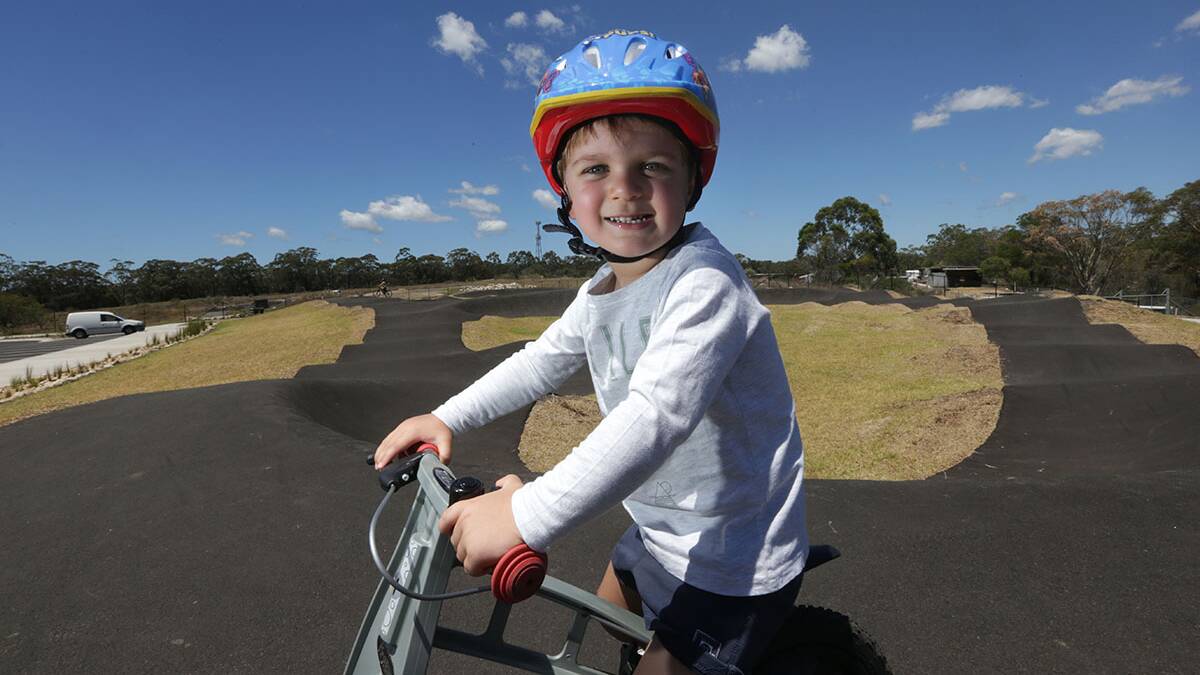 Three year old Kingston pushes his way around the track at Barden Ridge built by Sutherland Shire Council in 2018. Picture John Veage