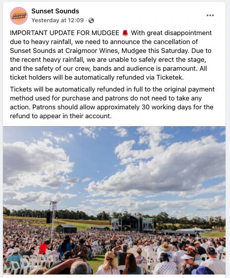 A social media post announcing the Mudgee cancellation. Image: Meta