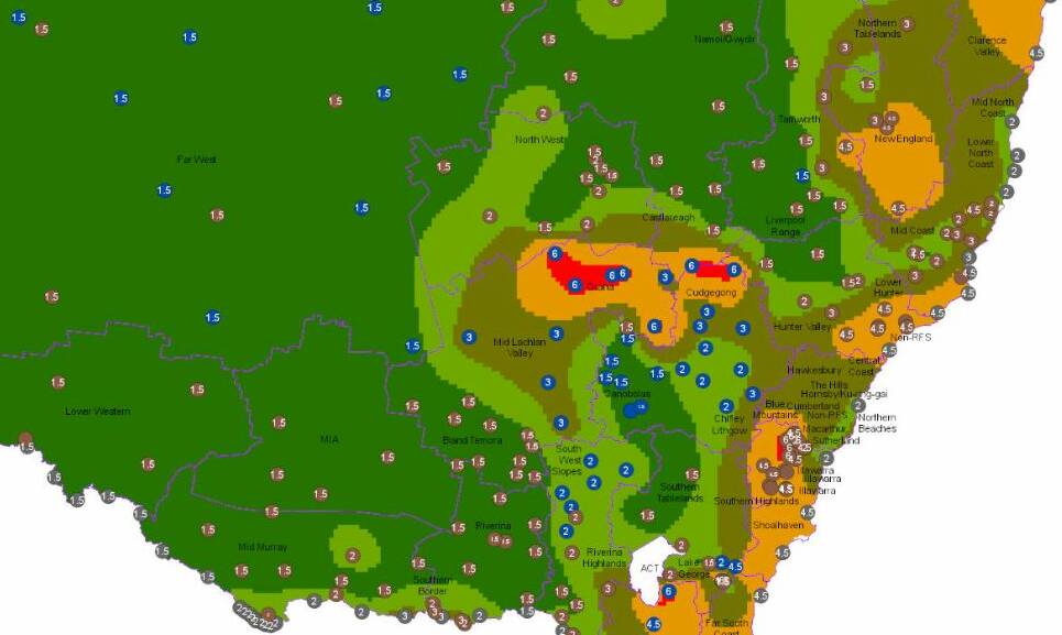 FIRE RISK: Areas in the Cudgegong zone have the highest rating possible of grassland fuels (shown in red) at 5.25-6 tonnes per hectare. Image: NSW RFS