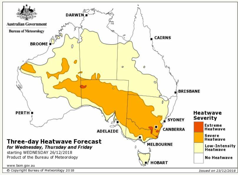 HOT CHRISTMAS: A heatwave is expected to intensify across the Central West just in time for Christmas. Image: BUREAU OF METEOROLOGY