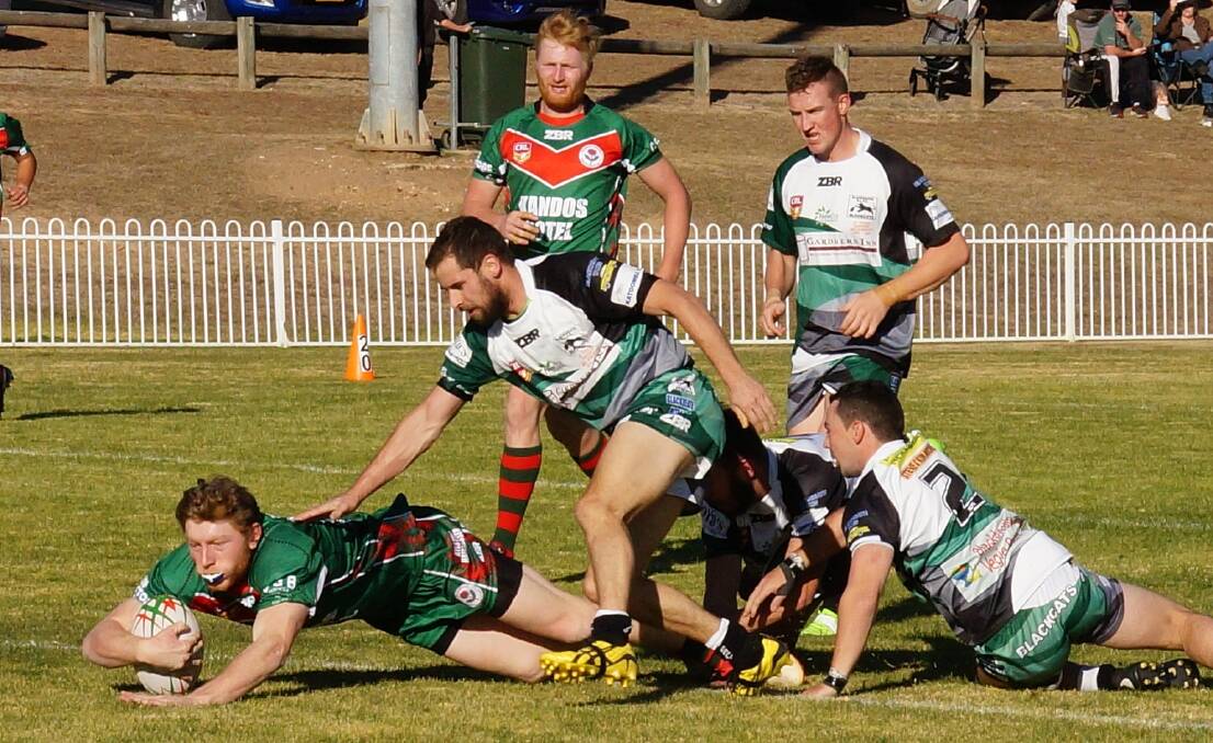 TRY-SCORING MACHINE: Ethan Parsons broke through four would-be defenders on his way to the try line during Kandos' 62-14 loss against Blackheath on Saturday. Photo: Norton Smith