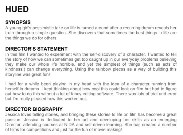 Synopsis, director's statement, director biography.