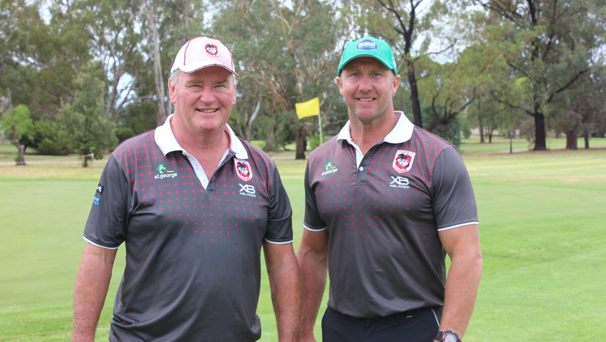 RED V ICONS: Craig Young and Shaun Timmins visited Mudgee on February 2 to swing the club at the Moolarben Celebrity Golf Classic. Photo: Jake Humphreys