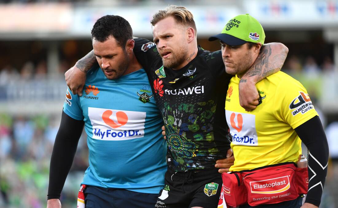 IN DOUBT: Canberra five eighth Blake Austin could miss this Sunday's round 11 clash with the Dragons after picking up a leg injury against Cronulla.