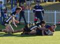 Mudgee Wombats first grade vice captain Scott Hedrick scores a try in their game against the Dubbo Rhinos on June 25. Picture: Jay-Anna Mobbs