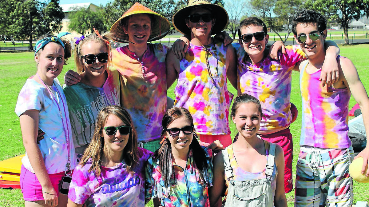 COLOURFUL CHARACTERS: Mudgee High Students celebrating Rainbow Day, (back, from left) Erin Kenny, Courtney O’Connell, Lachlan “Ginge” McKeown-Unicomb, Nathan Sharp, Jacob Christofis, Luke Neville, (front, from left) Rebecca Bailey, Megan Holden, and Kaylee Harradine.