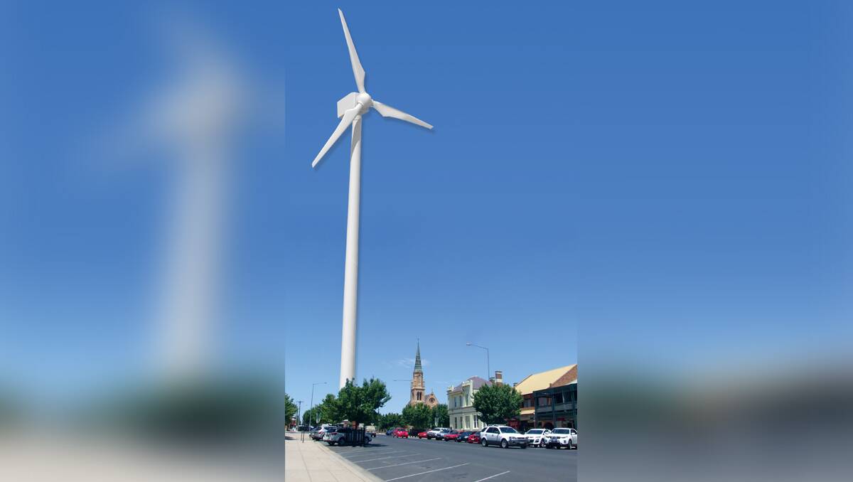 A composite photograph compiled by Mid-Western Regional Council to show the scale of the proposed Crudine Wind Farm turbines in comparison to local landmarks.  The turbines would stand 160 metres high from the base to the top of the 60-metre blade.	210113/turbines